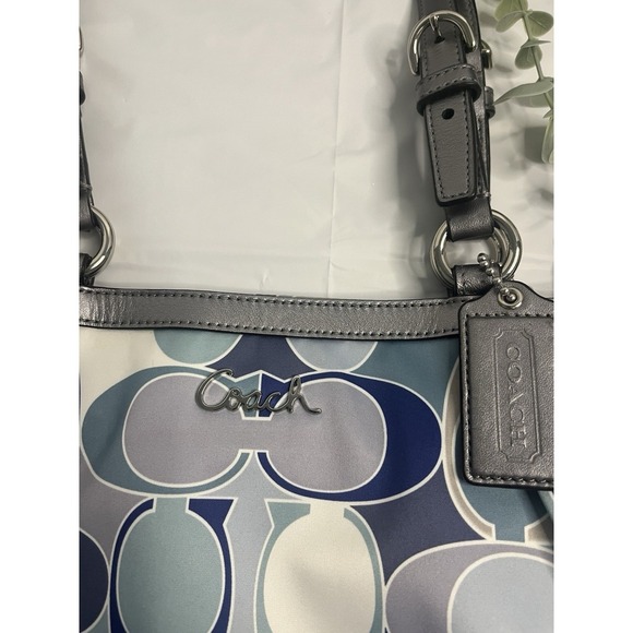 Coach Signature Op Art Scarf Print Blue Sateen Gallery Tote Handbag - Picture 2 of 12